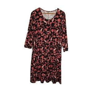 Garnet Hill Scoop Neck Bohemian Swingy Knit Dress 3/4 Sleeve Black Pink Floral M